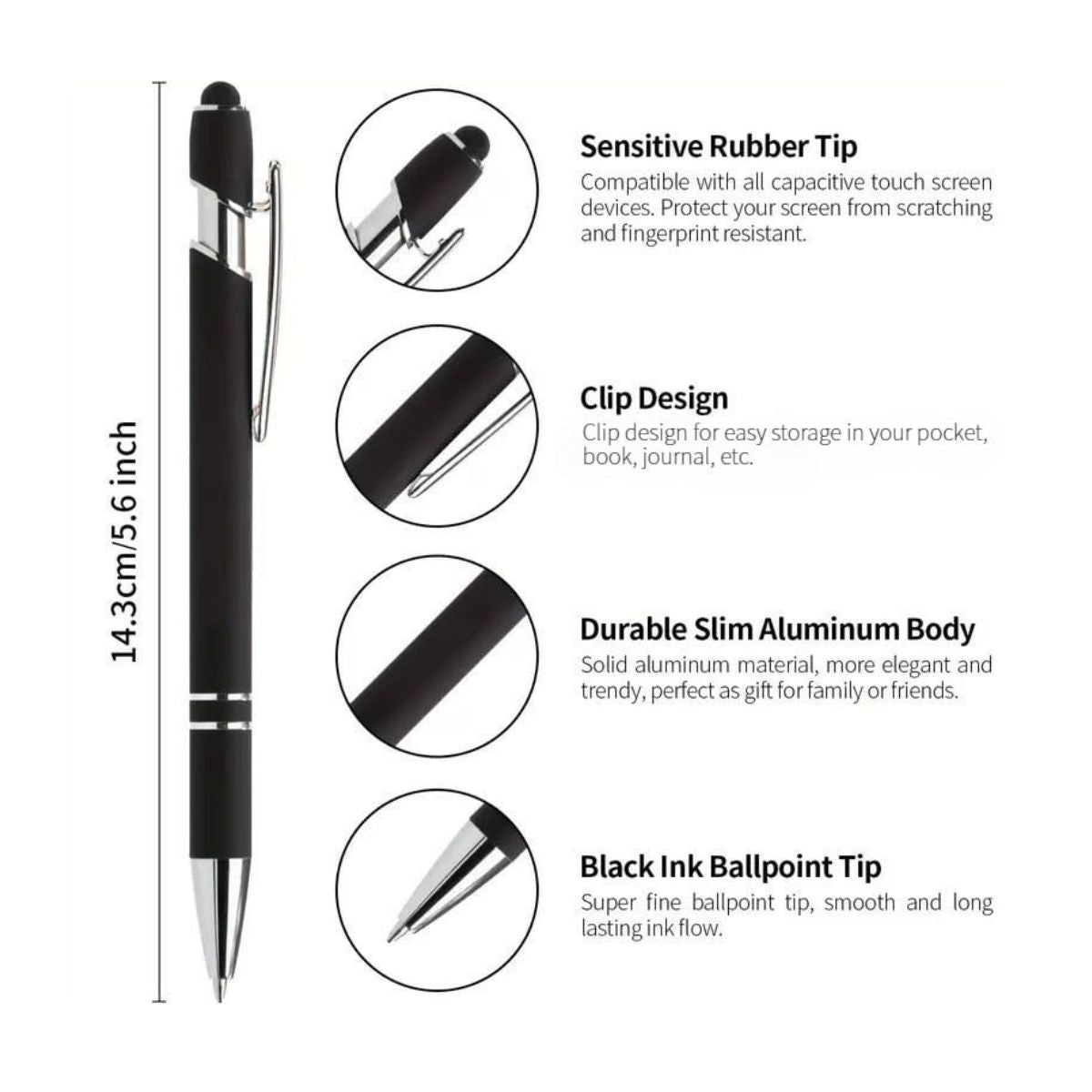 8-Pack (Black) 2-in-1 Metal Retractable Ballpoint Pens with Stylus Tip. Great Pens for Touchscreen iPhones, Tablets, Laptops and other Capacitive Devices. 1.0 mm Black Ink